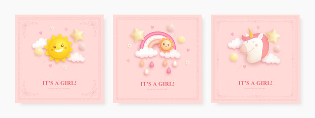 Set of baby girl shower invitation template with rainbow, sun and unicorn. Square card or web banner collection. Its a girl. Vector illustration