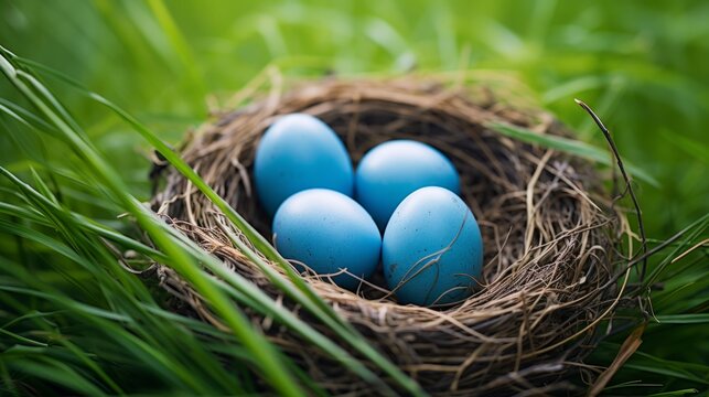 Generative AI image of Close up of a 3 Blue eggs in a nest on grass