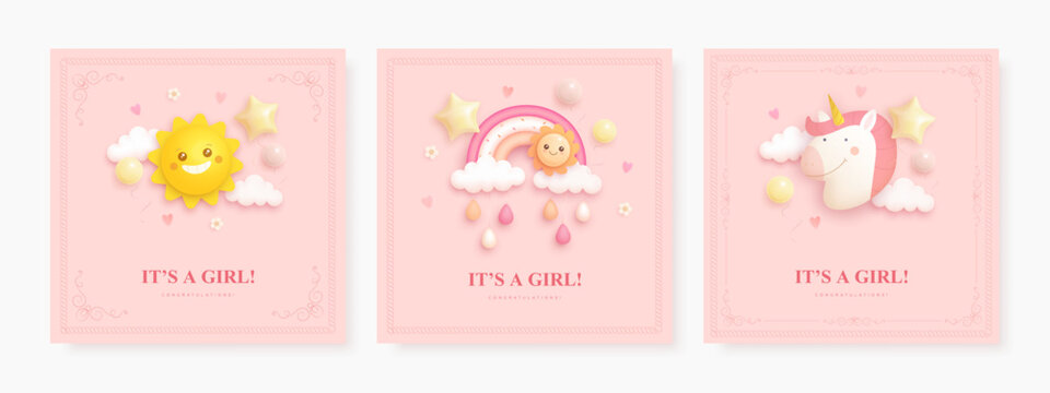 Set of baby girl shower invitation template with rainbow, sun and unicorn. Square card or web banner collection. Its a girl. Vector illustration