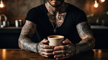 A tattooed man holding a cup of coffee