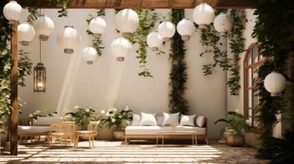 A patio with a couch, table, chairs and hanging lanterns