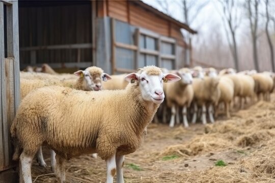 Cute curly haired sheep herd stands in large farm yard on sunny day. Small cattle animals graze near old barn at agricultural ranch. Stock husbandry habitats group walk outdoors in spring