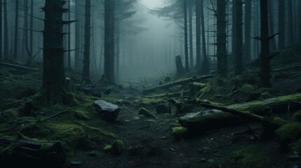 A dark forest with moss growing on the ground