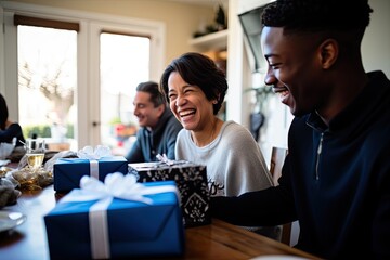 Obraz premium A cheerful couple exchanging gifts with smiles, adding joy to the Christmas celebration indoors.
