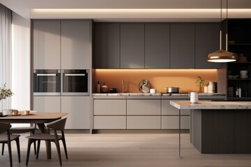 Interior kitchen design details - modern cabinets and wooden furniture, LED Lights and fabulous amenities