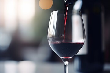 Red wine being poured into a glass at a bar or winery, creating a luxurious and elegant scene. - obrazy, fototapety, plakaty