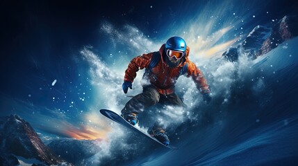 Fototapeta na wymiar A man snowboarding in an extreme winter sports adventure, ai generative