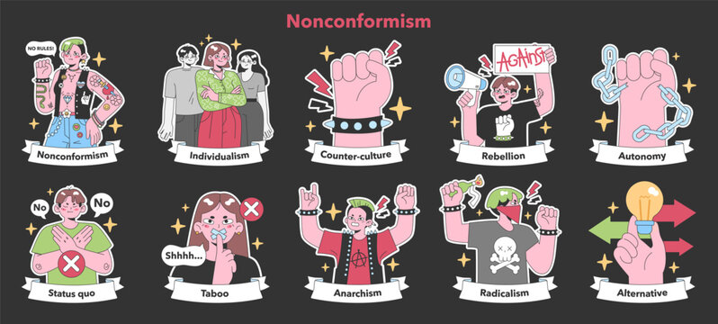 Nonconformism set. Expressions of individualism and rebellion. Break from status quo, exploring autonomy and alternative lifestyles. Flat vector illustration