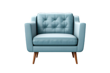 Modern soft blue leather armchair isolated on a cut out PNG transparent background