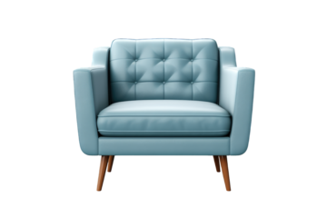 Modern soft blue leather armchair isolated on a cut out PNG transparent background