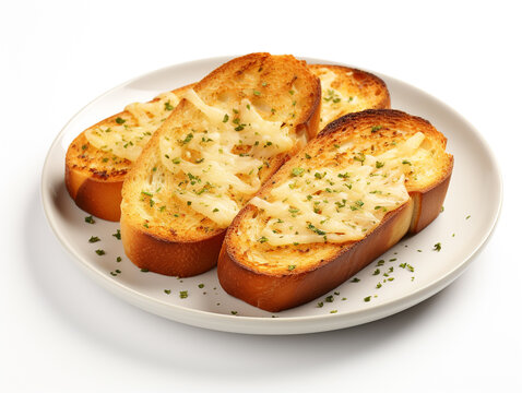 Toasted garlic bread with melted mozzarella cheese on top. Isolated on white background.