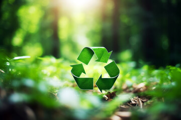 Recycling symbol on green nature forest background. Environment conservation concept background.
 - obrazy, fototapety, plakaty