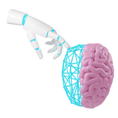  Robotic Hand Interacting with Dual Brain Concept - AI Intelligence and Connectivity. Artificial Hand touching two brains.