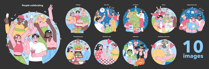 Festive Occasions set. Global celebrations and personal milestones. Joyful gatherings, gift exchanges, and cultural festivities. Flat vector illustration.