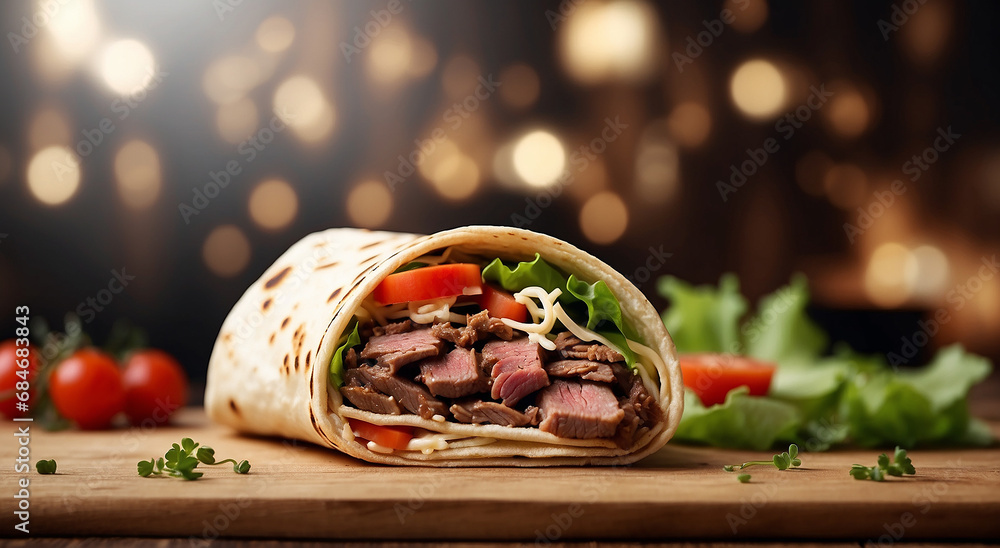 Poster a realistic steak and cheese wrap elegance advertisement background with space for text with bokeh -