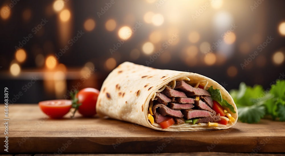 Poster a realistic steak and cheese wrap elegance advertisement background with space for text with bokeh -