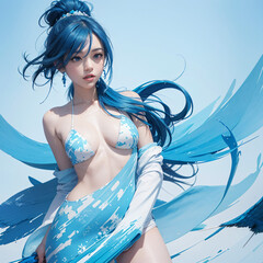 painting of a blue and white abstract painting with a girl, abstract design. blue, dominant wihte and blue colours, ice blue