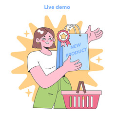 Interactive Showcase. Excited customer holding a 'New Product' bag, representing live demonstration impact. Shopping basket element present. Flat vector illustration
