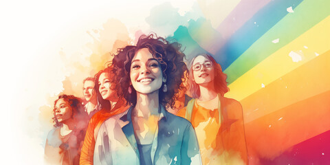 Group of diverse young people smiling together, positive and united, watercolor illustration on white background, diversity concept - obrazy, fototapety, plakaty