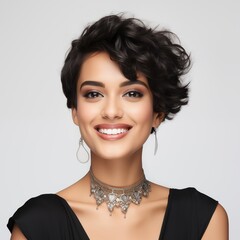 Portrait of smiling Arabian woman with short hairstyle, studio shot