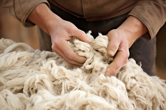 Old man gathers sheared sheep wool from ground on farm yard closeup. Mature farmer processes animal fur in ancient way outdoors. Traditional crafts of woven material producing at countryside