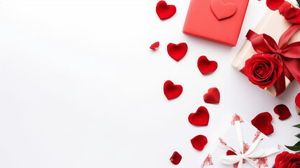 White background with red hearts and gift boxes for Valentine's day