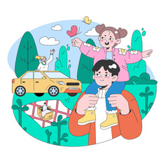 Road trip. Young people or family going on vacation by a car. Characters driving automobile on holidays, traveling the world together. Flat vector illustration