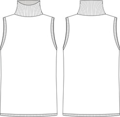 turtleneck high neck sleeveless ribbed blouse sweater template technical drawing flat sketch cad mockup fashion woman  - obrazy, fototapety, plakaty