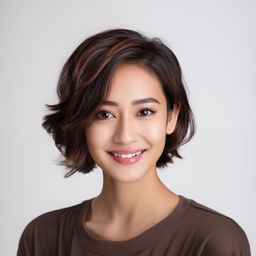 Closeup portrait of smiling Indonesian woman with short hairstyle on white background
