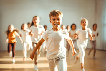 Naklejka premium Portrait of smiling children of 7-12 years old enjoying modern dancing in a dance studio