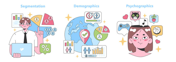 Marketing Analysis set. Experts showcasing market segmentation, focus on demographics, and diving into consumer psychographics. Segmentation expertise, global reach, and individual preferences.