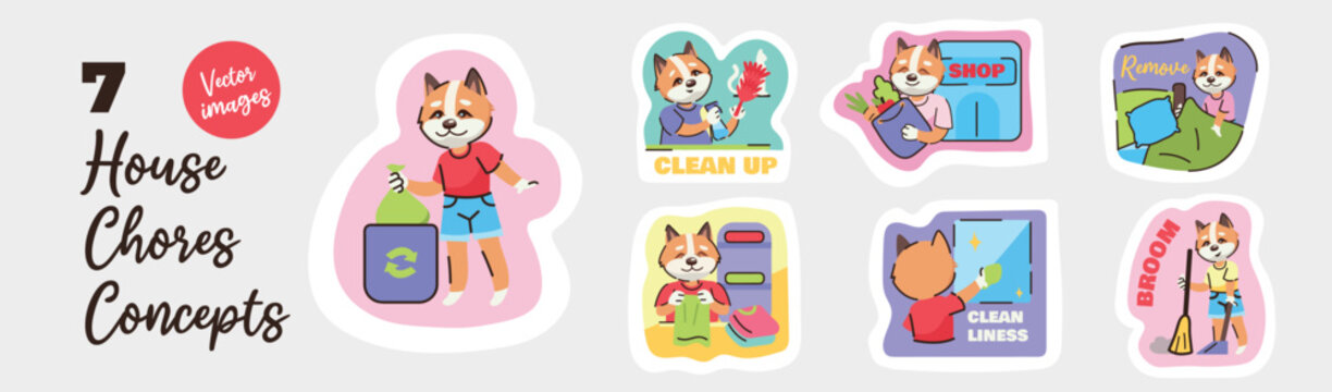 Artboard of mini stickers on the topic of house. Cute dogs lend a paw to housework, creating delightful moments that will bring a smile to your face. Vector illustration.