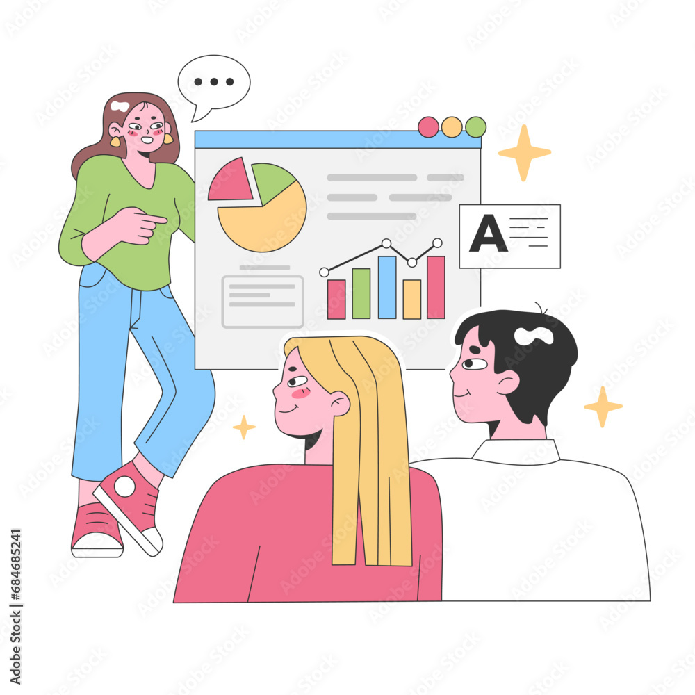 Poster three professionals evaluate data visualizations on a dashboard, illustrating teamwork and analysis 