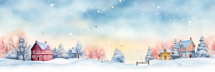 Watercolor winter cute town landscape background .