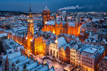 Aerial view of the beautiful main city in Gdansk at winter, Poland - Powered by Adobe