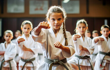 Children about 12 years old or teens in white kimono are practicing karate in a gym