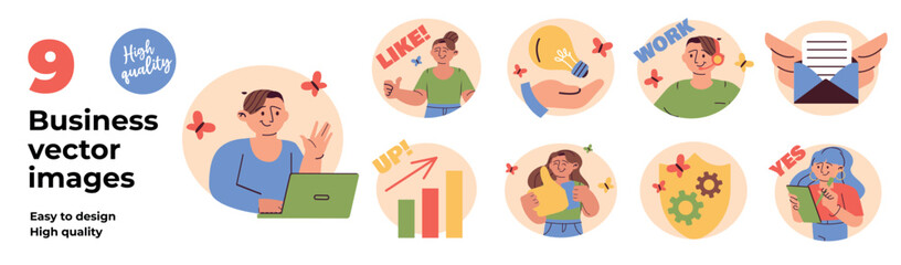 Artboard of mini concepts on the topic of business. This vibrant collection of colorful cartoon-style scenes showcase people making business deals. Vector illustration.