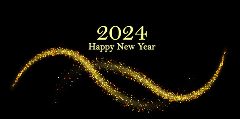 Golden giltter  and golden particles on the black background for the New Year 2024.