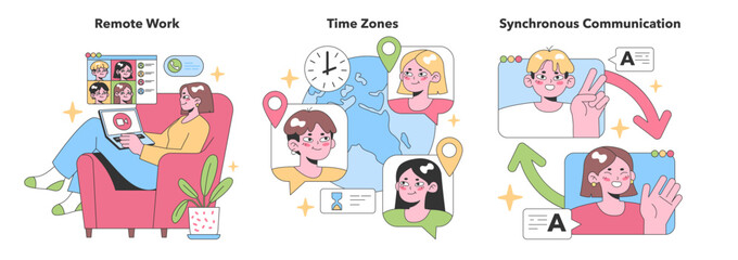Illustrative set depicting aspects of virtual teams, highlighting remote work, global time zones, and synchronous communication in vibrant visuals. Flat vector illustration.