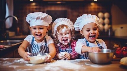 Three laughing little girls cook pastry at table in home kitchen. Cute sisters with chef hats make dough for pie together in house. Children have fun helping with food preparation in bakery shop