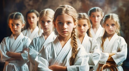 Group of girls about 9-13 years old or teens in white karate kimono in a gym - obrazy, fototapety, plakaty