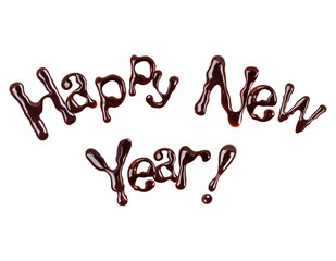 Inscription Happy New Year! is made of melted chocolate on white background © Krafla