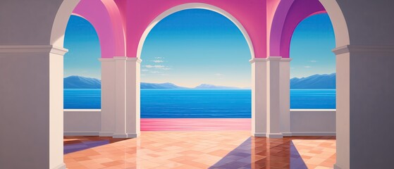 Empty pink room with balcony arches and pillars - calming ocean distant island view - idyllic lucid dreamlike scene - minimalist Architecture - tranquil design Interior style with surreal simplicity.