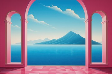 Empty pink room with balcony arches and pillars - calming ocean distant island view - idyllic lucid dreamlike scene - minimalist Architecture - tranquil design Interior style with surreal simplicity.