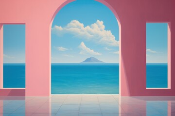 Fototapeta na wymiar Empty pink room with balcony arches and pillars - calming ocean distant island view - idyllic lucid dreamlike scene - minimalist Architecture - tranquil design Interior style with surreal simplicity.