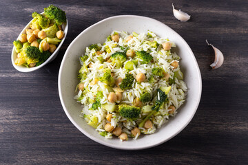 Basmati rice with chickpeas and broccoli. Healthy and balanced dish suitable for those following a...