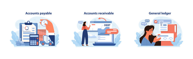 Accounting essentials set. Professionals handle accounts payable, track accounts receivable, and organize the general ledger. Financial workflow visualized. Flat vector illustration.