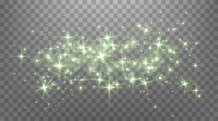 Obraz premium Green glittering dots, particles, stars magic sparks. Glow flare light effect. Green luminous points. Vector particles on transparent background.