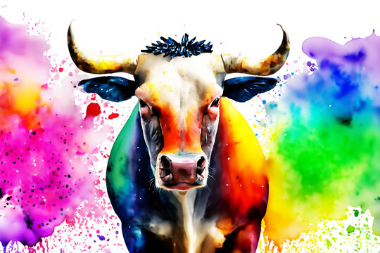 Tierhaltung Stier Kuh ernst mit H&ouml;rnern und bunten Wasserfarben als Vorlage und Hintergr&uuml;nde f&uuml;r Tierwohl, Arena Stierkampf und Zucht Bullen Massentierhaltung