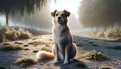 Portrait d'un chien brun et blanc, mammifère domestique attentif et joli. Animal de compagnie assis, capturant l'essence d'un animal attentif. - obrazy, fototapety, plakaty